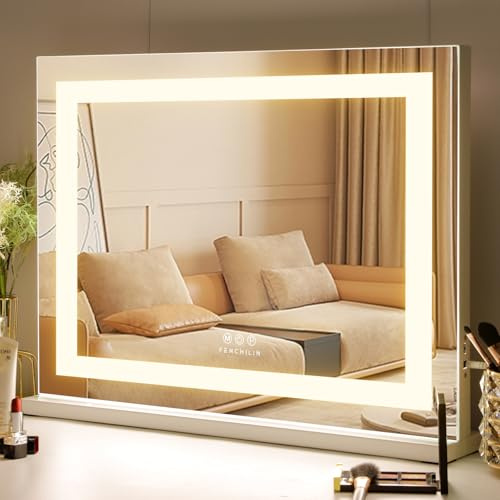 FENCHILIN Hollywood Mirror with Lights Vanity Makeup Mirror with Lights LED Lightstrip USB Port 58x46cm 3 Lighting Modes 10x Magnifying Glass Touchscreen for Dressing Table