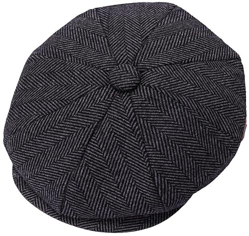 ZRWASKA® Mens Peaky Blinders Cap 8 Panel Wool Flat Caps for Men UK – Gatsby Tweed Newsboy Cap for Men Style 1920s Baker Boy Hat Flat Cap Women Plain Herringbone Charcoal, Size Large