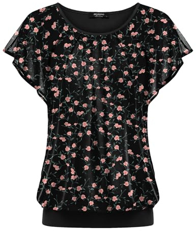 Zeagoo Womens Summer Tops Ruffle Short Sleeve T-Shirt Flowy Loose Pleated Floral Mesh Shirts Double Layers Crew Neck Tunic Tops Floral Pink M