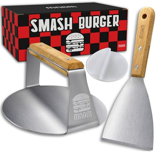 mnam Smash Burger Press Kit - Schiaccia Hamburger e Spatola Acciaio Inox Antiaderente con Manico in Legno - Burger Maker - Pressa per Hamburger Stampo - Speedy Burger