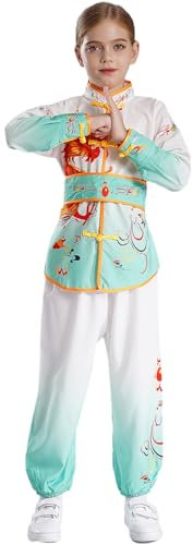 Jugaoge Mädchen Chinesischer Kung Fu Anzug Traditionelle Kampfkunst Uniformen Trainingsanzug aus Langarmhemd + Lange Hose + Bindengürtel Hellgrün 122-128