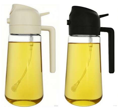 ZHIYE 2 Pack Oil Spray Bottle for Cooking, 500ML 2 in 1 Olive Oil Dispenser Sprayer for Kitchen Premium Clear Glass Pots for Cooking, Air Fryer, BBQ, Salad, Beige+Black
