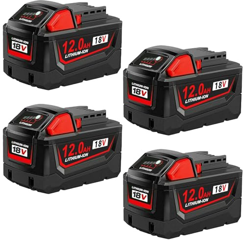4 Stück 12.0Ah Li-ion Akkus für Milwaukee Akku 18V, Kompatibel mit Milwaukee M18 Akku, Kompatibel mit M18B 48-11-1840 48-11-1828 48-11-1820 48-11-1815 48-11-1850 (4PCS 18V 12Ah)