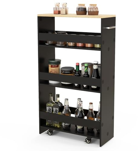 GIANTEX Carrello da Cucina per Nicchia con Ruote, 4 Livelli, Carrello di Servizio Stretto Salvaspazio, da Bagno, Carrello Portafrutta Sottile 47,5 x 20 x 80,5 cm (Naturale+Nero, Largo 20 cm)
