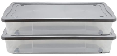 SIDSONS 47L Underbed Storage Box With Lid - Set of 2 Under Bed Space Saver With Wheels - Portable Clothes Organizer - Large Transparent Container - Nestable & Stackable Multipurpose Flat Clear Boxes
