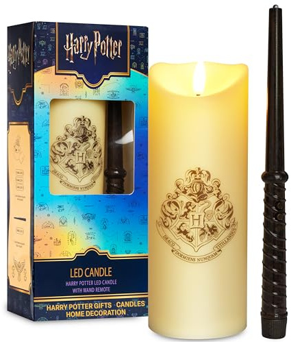 Harry Potter LED Candle with Wand Remote Control, 5m Range & Hogwarts Crest Design, White Battery-Operated Long Flameless Candle for Home Decoration