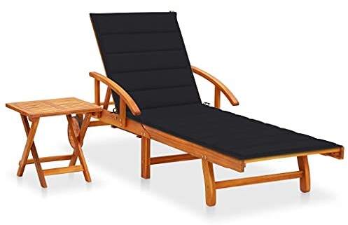 QZZCED Lettino da giardino in legno massello di acacia con cuscino, schienale regolabile, poggiapiedi e 2 ruote per una facile mobilità, tavolo estraibile, sedia da esterno robusta e stabile
