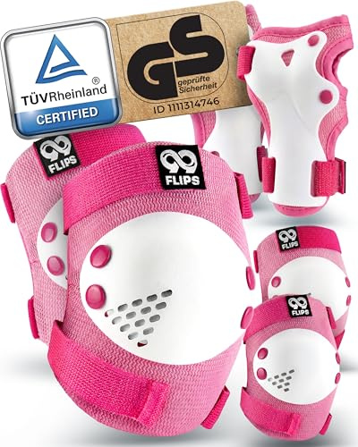 99FLIPS Ginocchiere Bambini Protezione Pattini Bambina - Set Protezioni Skateboard Bambino Ginocchiere e Gomitiere - RISE - Taglia SM - ROSA BIANCO - Protezioni Roller Bambina