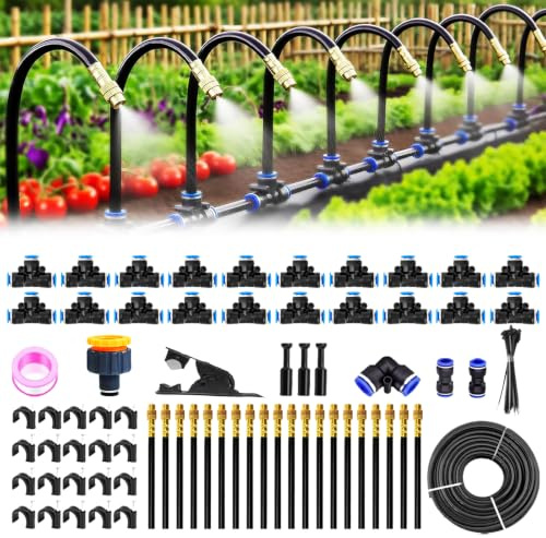 Bewässerungssystem Garten 20M, 360 ° Automatische Bewässerung Schlauch mit 20 verstellbaren Sprühdüsen, Outdoor Nebelkühlsystem Garten, Gewächshaus, Terrasse, Pflanzenbewässerung