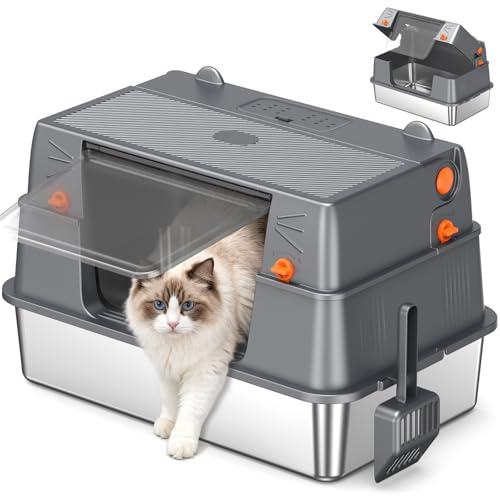 XXL Stainless Steel Cat Litter Box with Side 100° Flip-Top Lid, Deep Grey