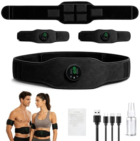 Ensemble d’entraînement EMS électrique pour abdominaux, 3 appareils Principaux, 2 Pads pour Bras, 1 Ceinture, 12 Modes, 19 Niveaux d’intensité, Unisexe, également adapté pour Jambes et Dos