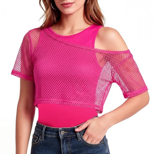 AYBUY 2 Pièces Haut en Résille Fluo, T-Shirt Resille Néon, Haut en Résille des Années 80, Costume Disco Rétro pour Femme, pour Disco Carnaval Fête