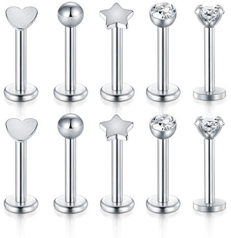 Funseedrr 5 Paar Edelstahl 16G Lippenpiercing Stecker 8mm Herz Stern Labret Tragus Helix Piercing Schmuck Silber