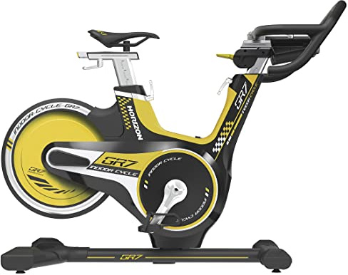 Horizon Fitness GR7, Bicicleta Ciclo Indoor, profesional, resistencia magnética, 11 niveles de resistencia, 134x56x106cm, con ruedas de transporte, color negro y amarillo