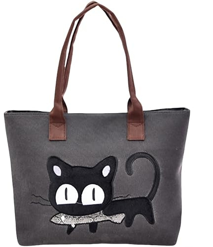 MINGZE Einkaufstasche für Damen, Handtasche, Cartoon-Katzenmotiv, Strandtasche, lässig, Schulranzen, Arbeit oder Schulleben