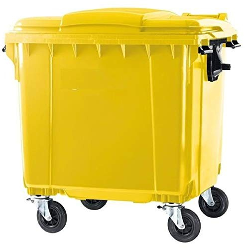 SSI Contenedor de Basura 1100L con Tapa Plana - Ruedas con Freno, Desagüe Inferior, Cumple Normativa EN-840, Ideal para Grandes Volúmenes de Residuos y Reciclaje en Exteriores (Amarillo)