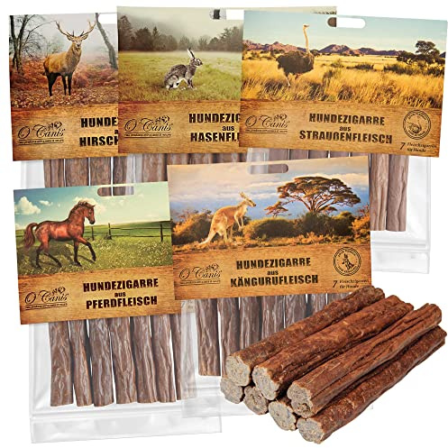 Schecker Hundesnack - Zigarren für den Hund - 5 x 170 g in 5 Sorten - ohne Zusätze - Hirsch - Hase- Pferd - Strauss - Känguru