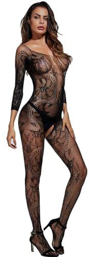KeyinBox Corsetti Bodystocking Sexy Netz Catsuit Feine Spitze Overall langarm mit offenem Schritt Dessous Damen Sex Reizwäsche