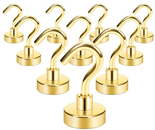 Neosmuk Magnetic Hooks, 10kg Heavy Duty Earth Magnets with Hook for Refrigerator, Extra Strong Cruise Hook for Hanging(Gold, Pack of 10)