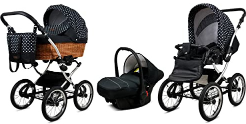BabyLux Kinderwagen 3in1 mit Autositz für Kleinkinder – Kinderwagen für Neugeborene und Kleinkinder –– Baby Neugeborenen Kinderwagen – 59x105x125cm – Max 15kg – White Dots Silver Frame