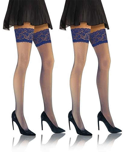 sesto senso 2 paires Bas Autofixant Résille Dentelle Sexy Sous-vêtements Femme 1/2 XS-S Bleu Modrak
