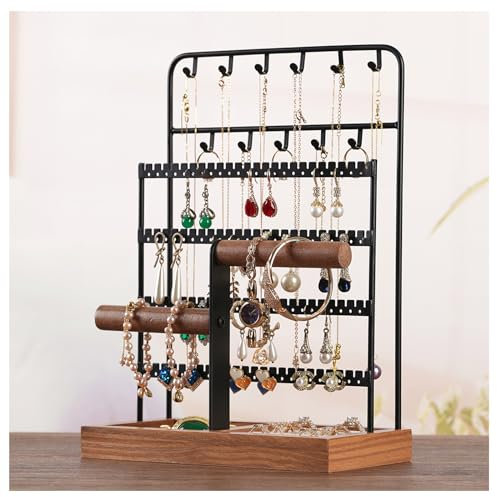 NUODWELL Jewellery Stand Organiser, Necklace Earring Holder, Jewelry Tower Display Rack Storage Tree with Earring Tray and Holes for Rings Bracelets Watches (Black)