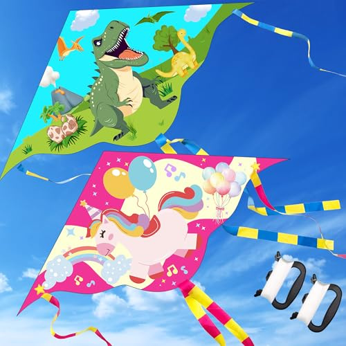 Lubibi 2 Packs De Cerfs-Volants Monofil, Licorne Et Dinosaure Kit Cerf-Volant, avec Ligne 100 m Et Queues, Ouets d'Extérieur Volants pour Enfants Et Adultes à Partir De 3 Ans 150 * 110cm