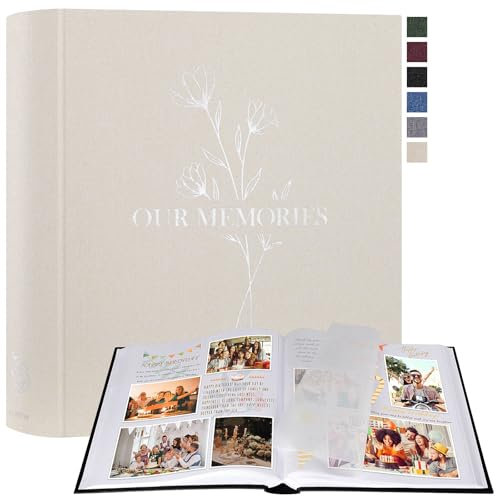 Lanpn Album Fotografico Scrapbooking, Our Memories Grande Lino DIY Scrapbook 160 pagine bianche con divisori di cellofan, per foto 9x13 10x15 13x18 cm (Beige, 30x33,5cm)