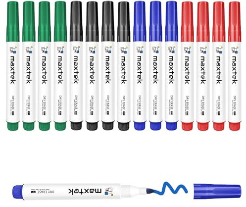 maxtek Whiteboard Marker, 16 Whiteboard Stifte Abwischbar, Rundspitze, ca. 2mm Linienbreite, Trocken und Rückstandsfrei Abwischbar von Whiteboards, Hohe Qualität, Set mit 4 Farben