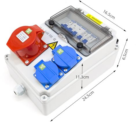 Coffret de Chantier, Coffret Electrique+Disjoncteur Différentiel, Etanche IP54 Coffret Électrique de Chantier Exterieur avec 2 x Prise Schuko/1 x Prise CEE, Répartiteur Mural 16A pour Ateliers/Usines