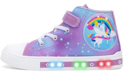 Kids Light Up Trainers, Girls Boys High Top Shoes Flashing Sneakers Toddler Easy On Canvas Shoes Rainbow Unicorn Size 8 UK Child