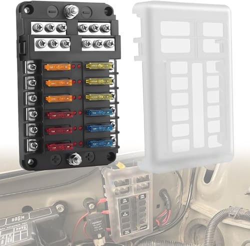 Chelhead 12-fack bilsäkringshållare med negativa bussar och röd LED-indikator, 12 V 12 fack bilsäkringsbox, tillbehör för simbåtar, kompatibel med bilar, husbilar
