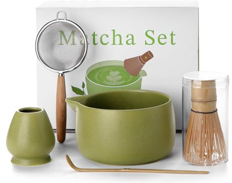 20OZ Matcha Whisk Set - 5PCS Japanese Tea Set Includes Matcha Bowl with Spout, Bamboo Whisk with Ceramic Holder, Bamboo Scoop and Sifter, Matcha Kit for Ceremony, Gift for Matcha Lovers (Matcha Green)
