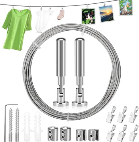 Kigniote 5 m long Curtain Wire Hanging,System Curtain Wire Stainless Steel with 6 metal clips,Curtain Wire Rod Set Suitable for Lighting/Lanterns, Photos, Art Exhibitions, Hangers.(Silver)