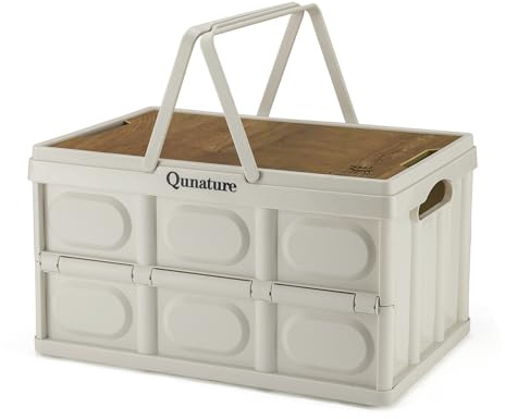 Qunature Vikbar Camping Förvaringslåda, Förvaringslåda med Träöverdrag, Organisatör för Garderob, Hem, Bagageutrymme, Resor, Camping, Picknick, 30 L