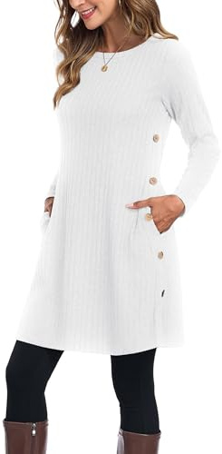 GRECERELLE Vestidos de jersey de invierno para mujer, vestidos para mujeres del Reino Unido, vestidos para damas, túnica de punto de manga larga con bolsillos y botones laterales, vestido, blanco, M
