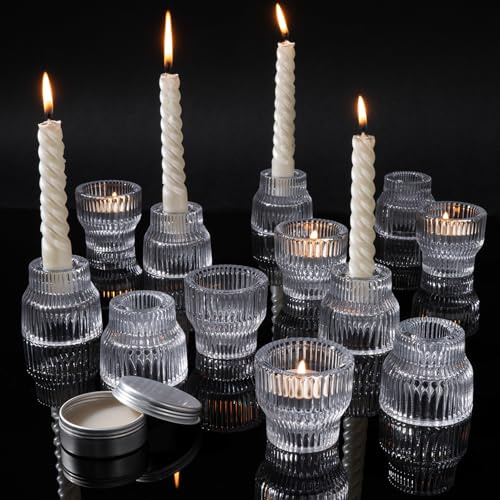 Romcanmy Bougeoir Verre, Lot de 12 Inversible Transparent Porte Bougie avec Cire Adhésive, Petite Cristal Photophore Verre pour Bougie Conique, Décoration de Table Mariage Anniversaire Fête Dîner