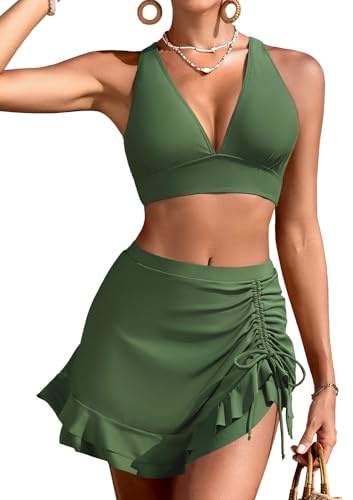 Vijamiy Bikinis Mujer Reductor Cintura Alta con Falda Traje de Baño Mujer Escote en V Sexy Push Up con Relleno Conjunto Playa(Verde Militar,XXL)