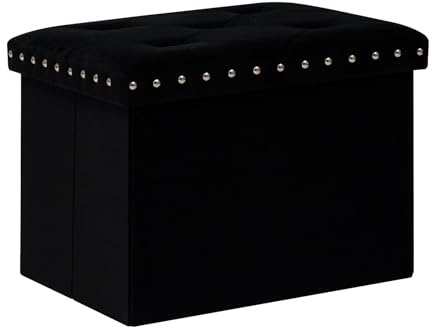 Bonlife Vikbar förvaringslåda med förvaringsutrymme, kista med nitar, fotstöd, vadderad sits, färg svart, sammet, 42 x 32 x 32 cm