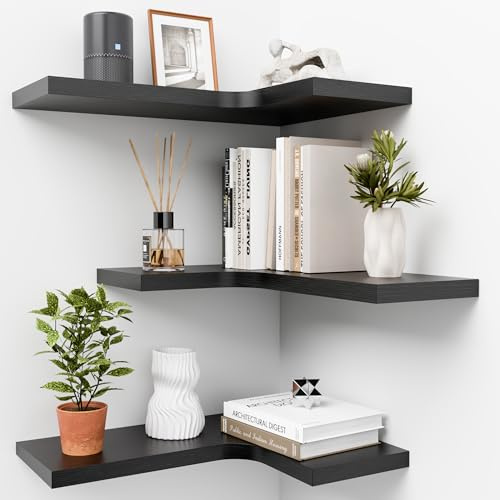 Homagle Mensola da Muro In Legno Mensola Angolare Sospesa Mensola Sospesa A Forma L Listone Per Soggiorno Camera Da Letto Bagno Ingresso Ufficio Decorazione Da Parete Set Da 3 (Nero)