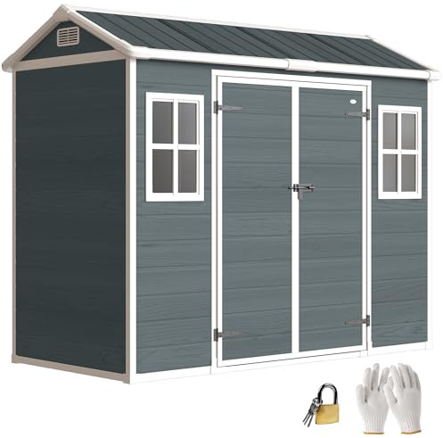 Outsunny Casetta per attrezzi 2,77 m² con effetto legno, 2 finestre, 244 x 131 x 201 cm, in plastica, capanno da giardino con tetto a due falde, doppia porta, ventilazione, pavimento, guanti, casetta