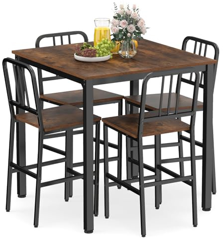 COSTWAY Table de Salle à Manger avec 4 Chaises, Table Haute Cuisine et 4 Tabouret Bar avec Dossiers Inclinés, Cadre en Métal, Mange Debout pour 4 Personnes, Style Industriel, pour Cuisine, Salon