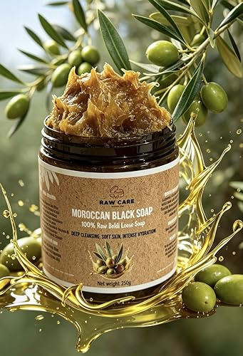 RAW CARE Moroccan Black Soap, 100% Raw Beldi Loose Soap, Pure Olive Oil Base, Deep Cleansing, Intense Hydration, 250g