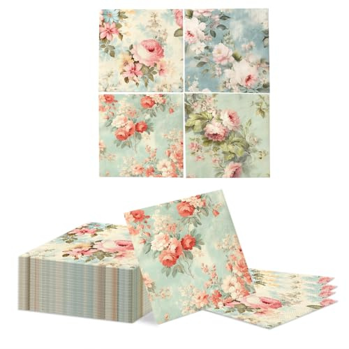 Tapufitil 40 Unidades Servilletas Vintage de Flores, Servilletas Decorativas de decoupage Floral, Servilletas de Papel Desechables 33x33cm para el Día de la Madre, Picnic de Primavera y