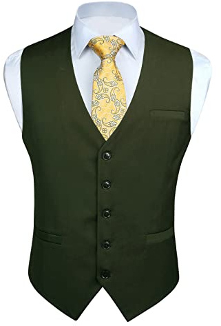 Enlision väst för män formella enkla västar bröllop enfärgad smoking väst affärskostym väst med fickor XS-4XL, Armégrönt, XXL