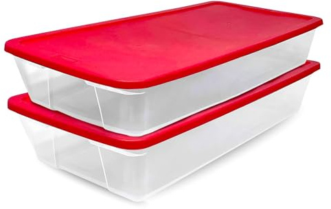 HOMZ 2-Pack Holiday Tote, Clear Plastic Storage Organizer Bins with Lids, 41 Quart, Red - Stackable Organizing Containers for Christmas Ornament Decorations, Gift Wraps, and Crafts