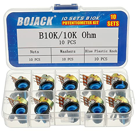 BOJACK 10 Sets B10K Knurled Shaft 3 Terminals Linear Taper Rotary Potentiometer(WH148)10K Ohm Single Turn Carbon Film Variable Resistor with Blue Plastic Knobs Kit