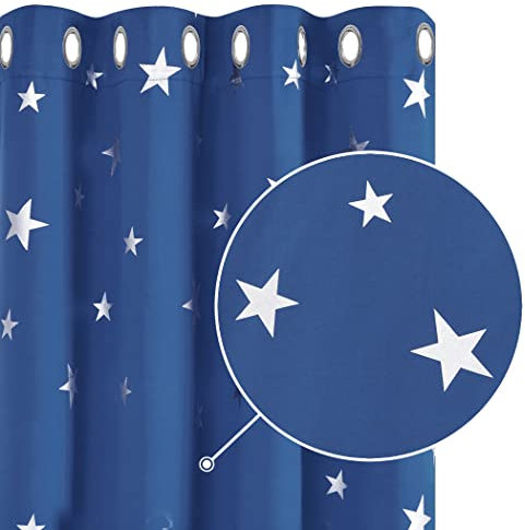 Deconovo Cortinas Opacas de Salon con Aislamiento Térmico para Ventanas Infantiles Estrella Plateada 2 Piezas 132 x 160 cm Azul Oscuro