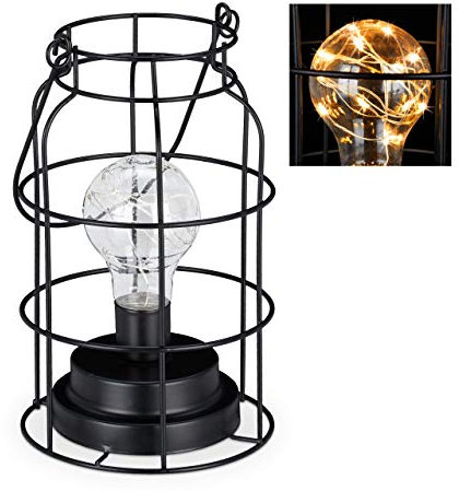 Relaxdays Lampada da Tavolo Vintage, in Gabbia con Lampadina LED, Luce Bianca Calda, A Batteria, Stile Industrial, Nera