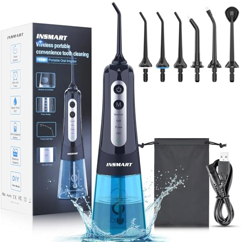 INSMART Water Flosser for Teeth: Cordless Dental Electric Flosser for Oral Care,Rechargeable Floss DIY Mode IPX7 Waterproof,Portable Travel Flossers Set for Teeth Cleaning with 4 Modes